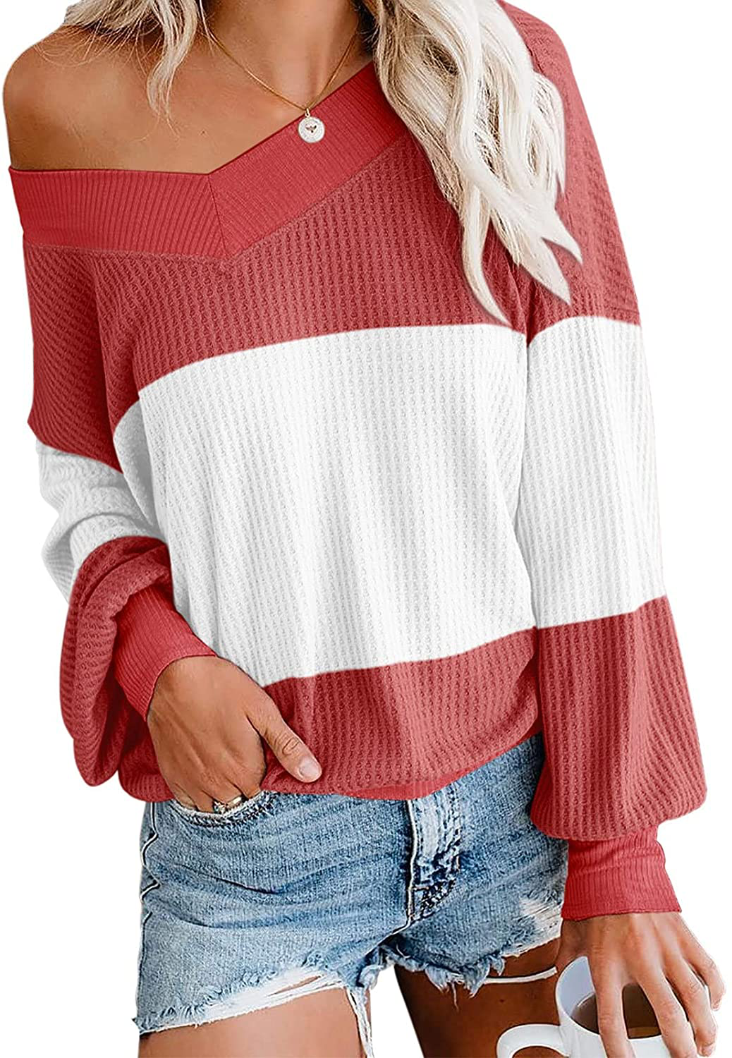 Adreamly Women's V Neck Long Sleeve Waffle Knit Top Off Shoulder Oversized Pullover Sweater