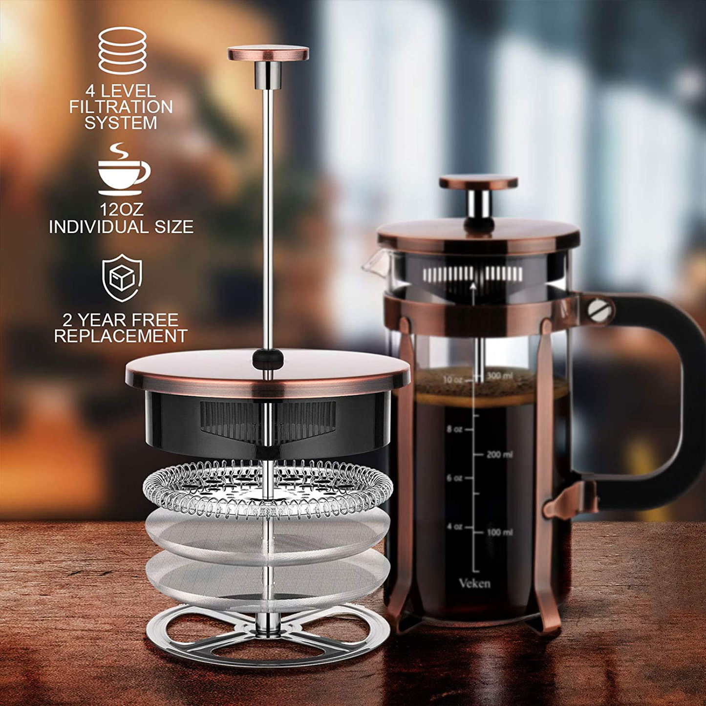 Veken French Press Coffee Maker (12oz), 304 Stainless Steel Coffee Press with 4 Filter Screens, Durable Easy Clean Heat Resistant Borosilicate Glass - 100% BPA Free