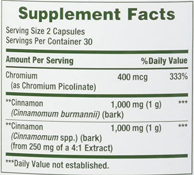 Nature S Bounty Cinnamon Pills and Chromium Herbal Health Supplement, Promotes Sugar Metabolism and Heart Health, 2000G, 60 Capsules