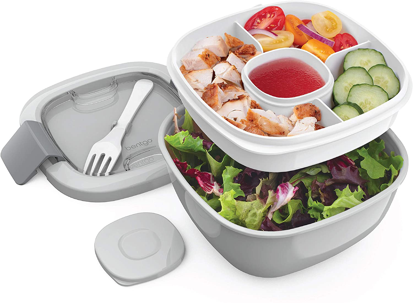 Bentgo Salad - Stackable Lunch Container with Large 54-oz Salad Bowl, 4-Compartment Bento-Style Tray for Toppings, 3-oz Sauce Container for Dressings, Built-In Reusable Fork & BPA-Free (Gray)