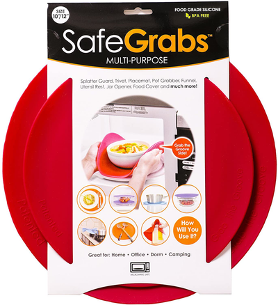 Safe Grabs: Multi-Purpose Silicone Original Microwave Mat as Seen on Shark Tank | Splatter Guard, Trivet, Hot Pad, Pot Holder, Minimize Mess (BPA Free, Heat Resistant, Dishwasher Safe), Set of 2, Red