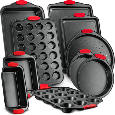 Nutrichef 10-Piece Carbon Steel Nonstick Bakeware Baking Tray Set w/Heat Red Silicone Handles, Oven Safe, Cookie Sheet