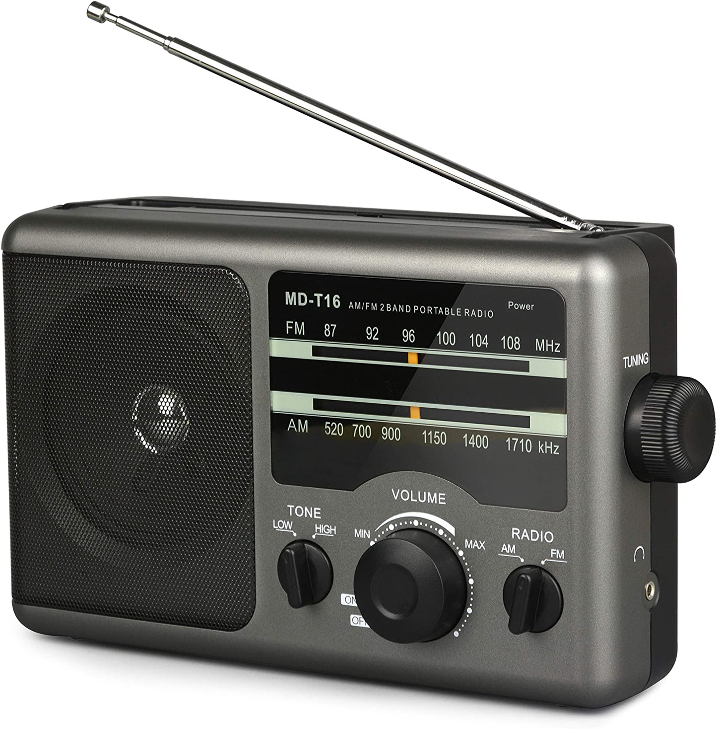 AM FM Portable Radio Battery Operated Radio by 4X D Cell Batteries Or AC Power Transistor Radio with and Big Speaker, Standard Earphone Jack, High/Low Tone Mode, Large Knob