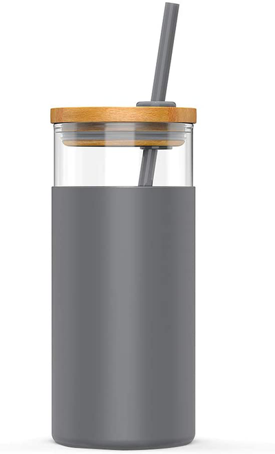tronco 20oz Glass Tumbler Glass Water Bottle Straw Silicone Protective Sleeve Bamboo Lid - BPA Free (Charcoal Grey)