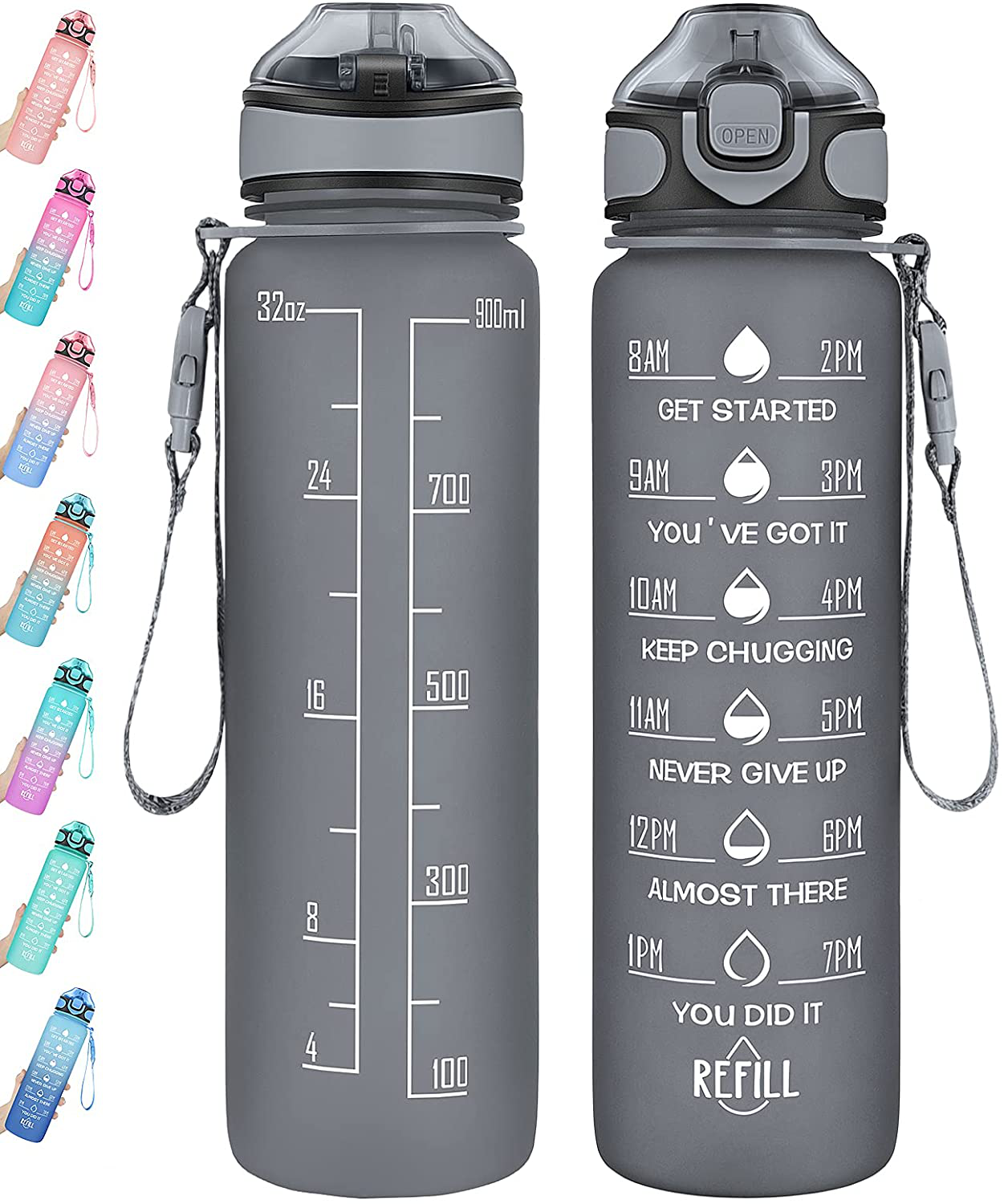 Water Bottle 32oz with Straw, Motivational Water Bottle with Time Marker & Buckle Strap,Leak-Proof Tritan BPA-Free, Ensure You Drink Enough Water for Fitness, Gym, Camping, Outdoor Sports