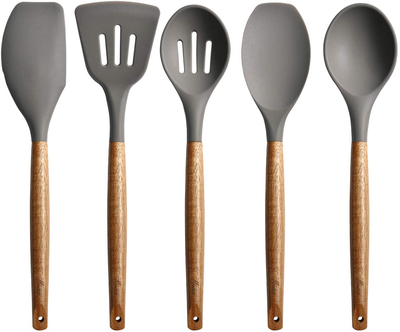 Miusco Non-Stick Silicone Cooking Utensils Set with Natural Acacia Hard Wood Handle, 5 Piece, High Heat Resistant