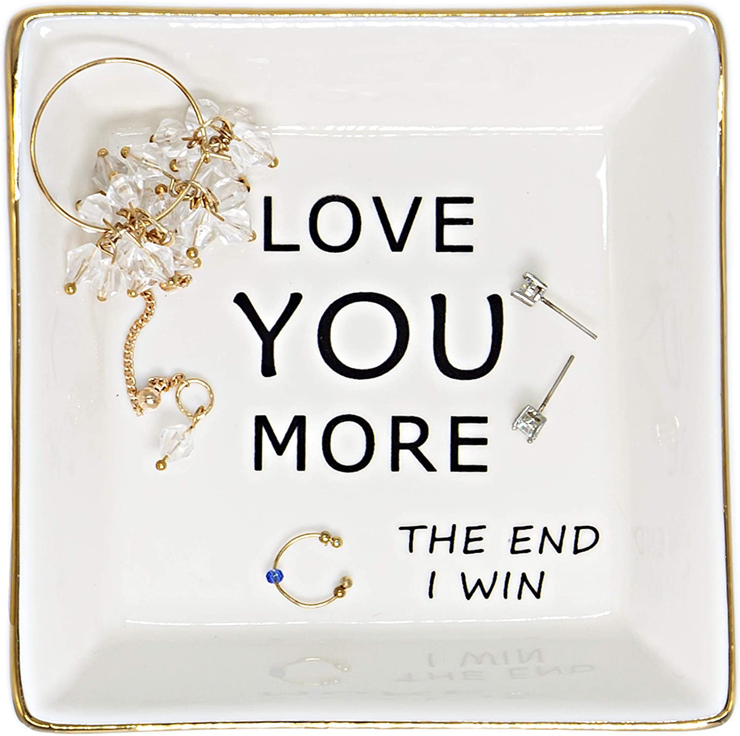"Love You More" Trinket Dish, Gifts for Women Ceramic Ring Dish with Golden Trim, Jewelry Dish Gifts for Mom