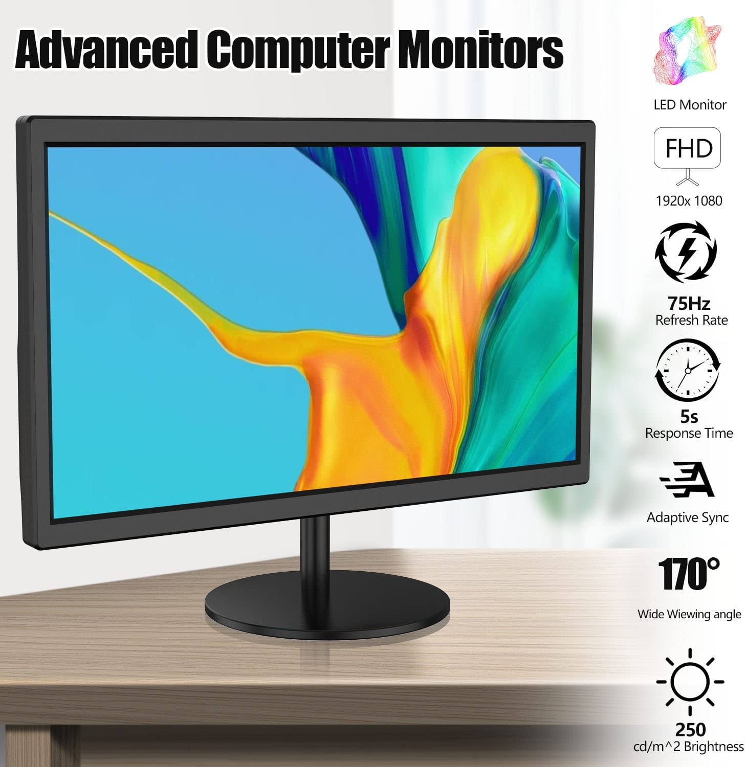 Feihe 21.5 Inch Full HD 1080P Monitor with VGA & HDMI Ports,75Hz Refresh,Rate & 5S Response Time,Computer Monitor for Business and Office