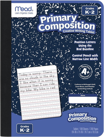 Mead Primary Composition Notebook, Wide Ruled Comp Book, Lined Paper, Grades K-2 Writing Workbook, Dotted Notebook Perfect for Home School Supplies, 100 Sheets, Blue Marble (09902)
