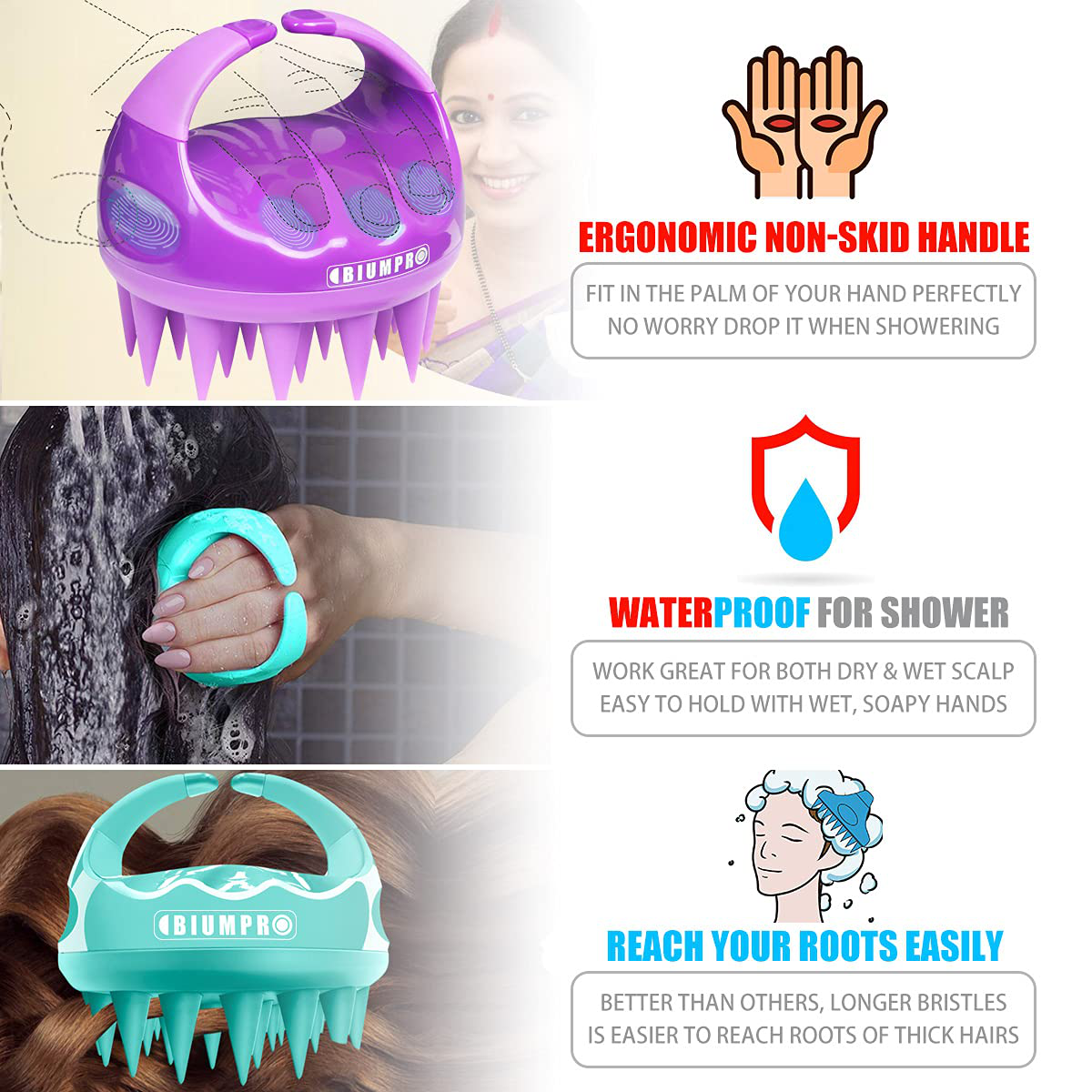 Shampoo Massager Brush Scalp Exfoliator for Dandruff Removal, Waterproof Shower Scalp Scrubber Tool for Hair Growth, Ultra-long Silicone Bristles, Easily Reach the Root of Thick Curly Hair - 2 Pack