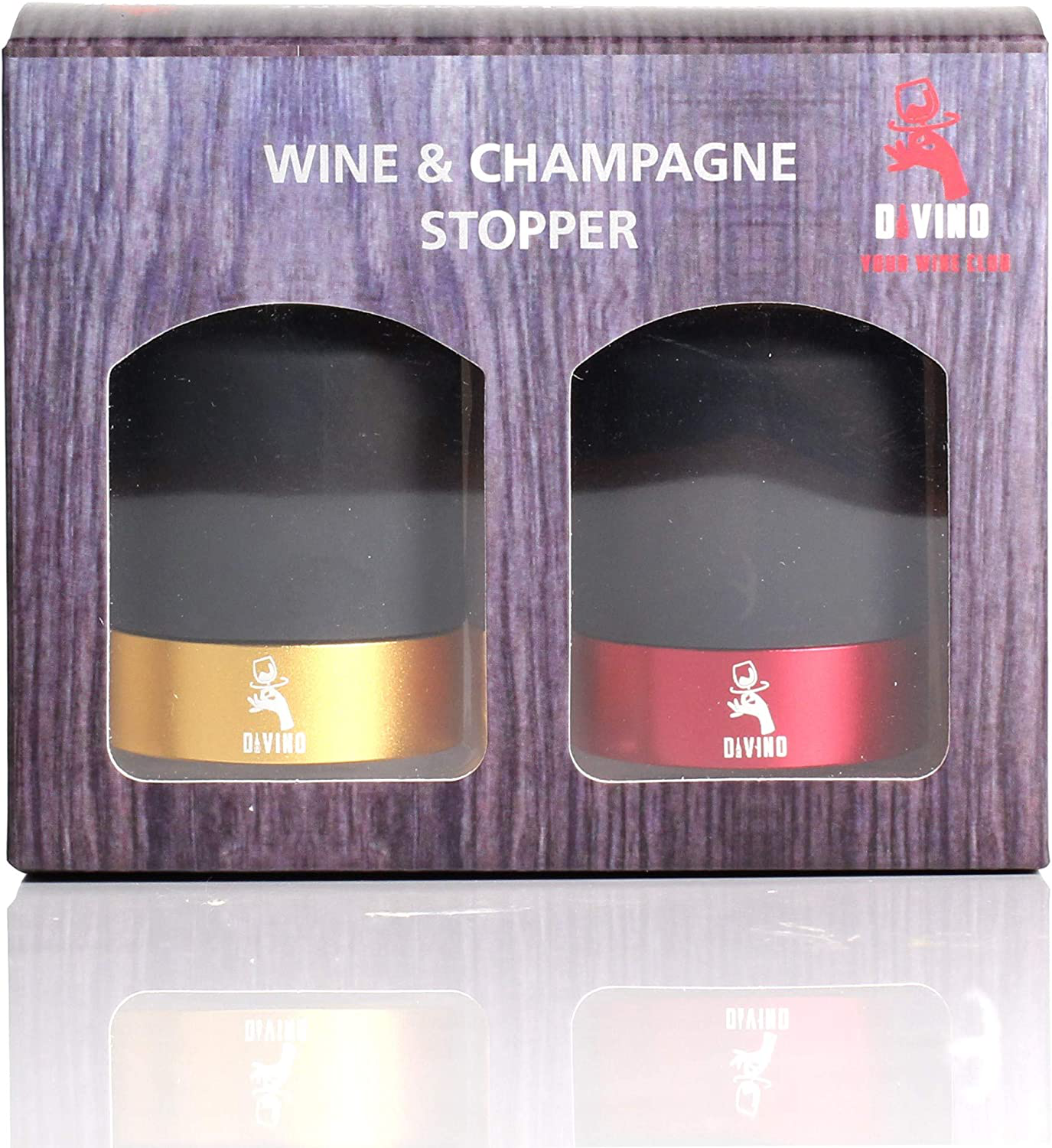 Wine and Champagne Stopper with Aluminium Ring, Professional Bottle Sealer for Wine, Champagne, Cava, Prosecco & Sparkling Wine, Saver Plug, Compact Bottle Plug Set of 2 (GOLD & RED, Champagne & Wine)
