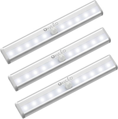 Motion Sensor Closet Lights, OxyLED Cordless Under Cabinet Lightening, Wireless Stick-on Anywhere Battery Operated 10 LED Night Light Bar, Safe Lights for Closet Cabinet Wardrobe Stairs (3 Pack)