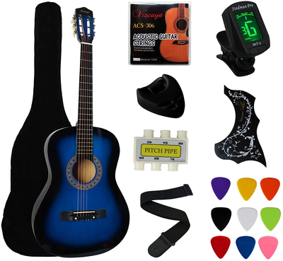 YMC 38" Blue Beginner Acoustic Guitar Starter Package Student Guitar with Gig Bag,Strap, 3 Thickness 9 Picks,2 Pickguards,Pick Holder, Extra Strings, Electronic Tuner 