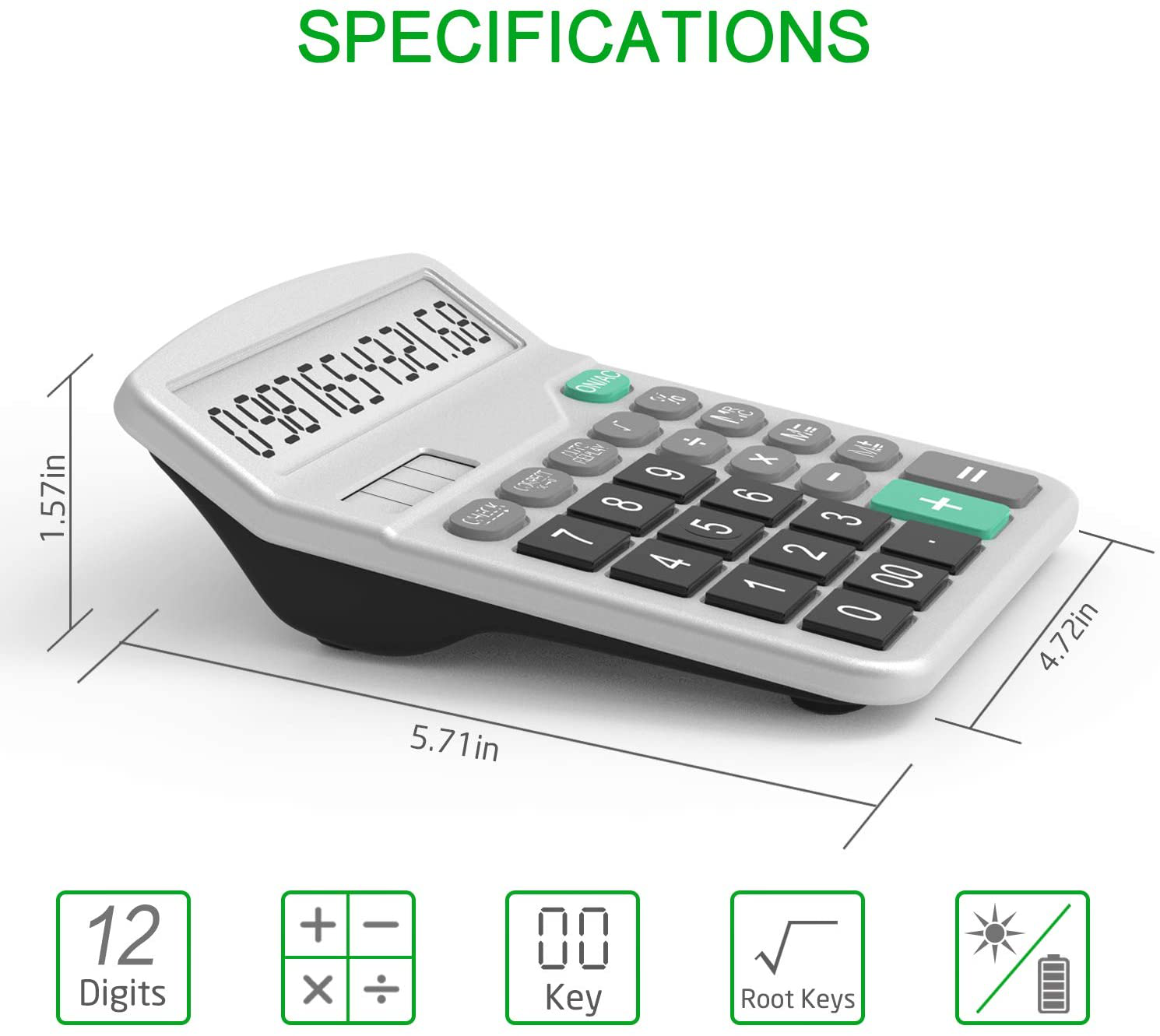 Calculator, Splaks Standard Functional Desktop Calculator Solar and AA Battery Dual Power Electronic Calculator with 12-Digit Large Display (2 Updated Silver)