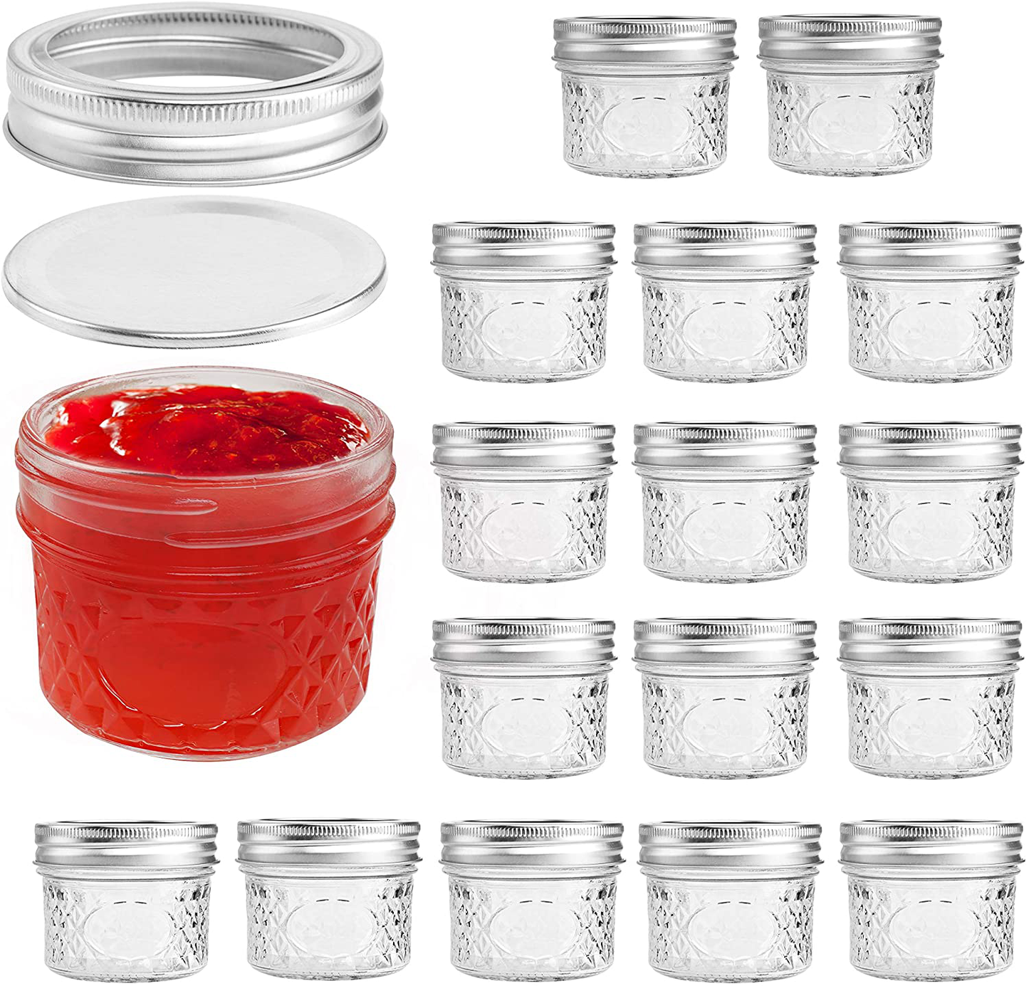 Mini Mason Jars, 4 oz 16 PACK Regular Mouth Small Mason Jar with Lids and Bands, Quilted Crystal Style Glass Canning Jars - Silver lids