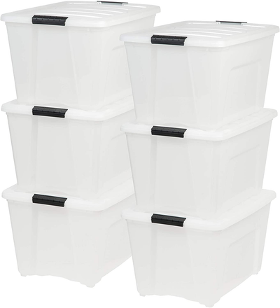IRIS USA TB Pearl Plastic Storage Bin Tote Organizing Container with Durable Lid and Secure Latching Buckles, 53 Qt, 6 Pack