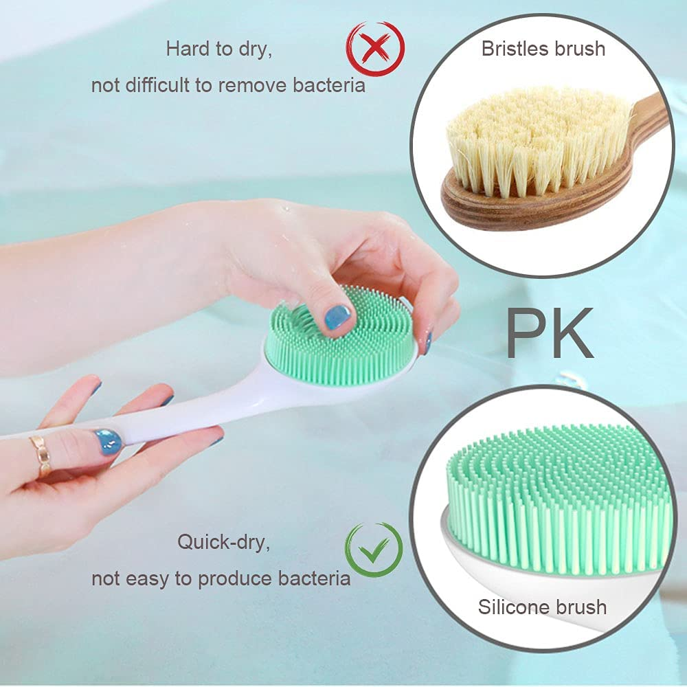 Silicone Bath Body Brush Exfoliator, Back Brush Scrubber Long Handle for Shower with Soft Bristles, Shower Brush Scrubber for Body Men and Women, BPA Free, Non-Slip