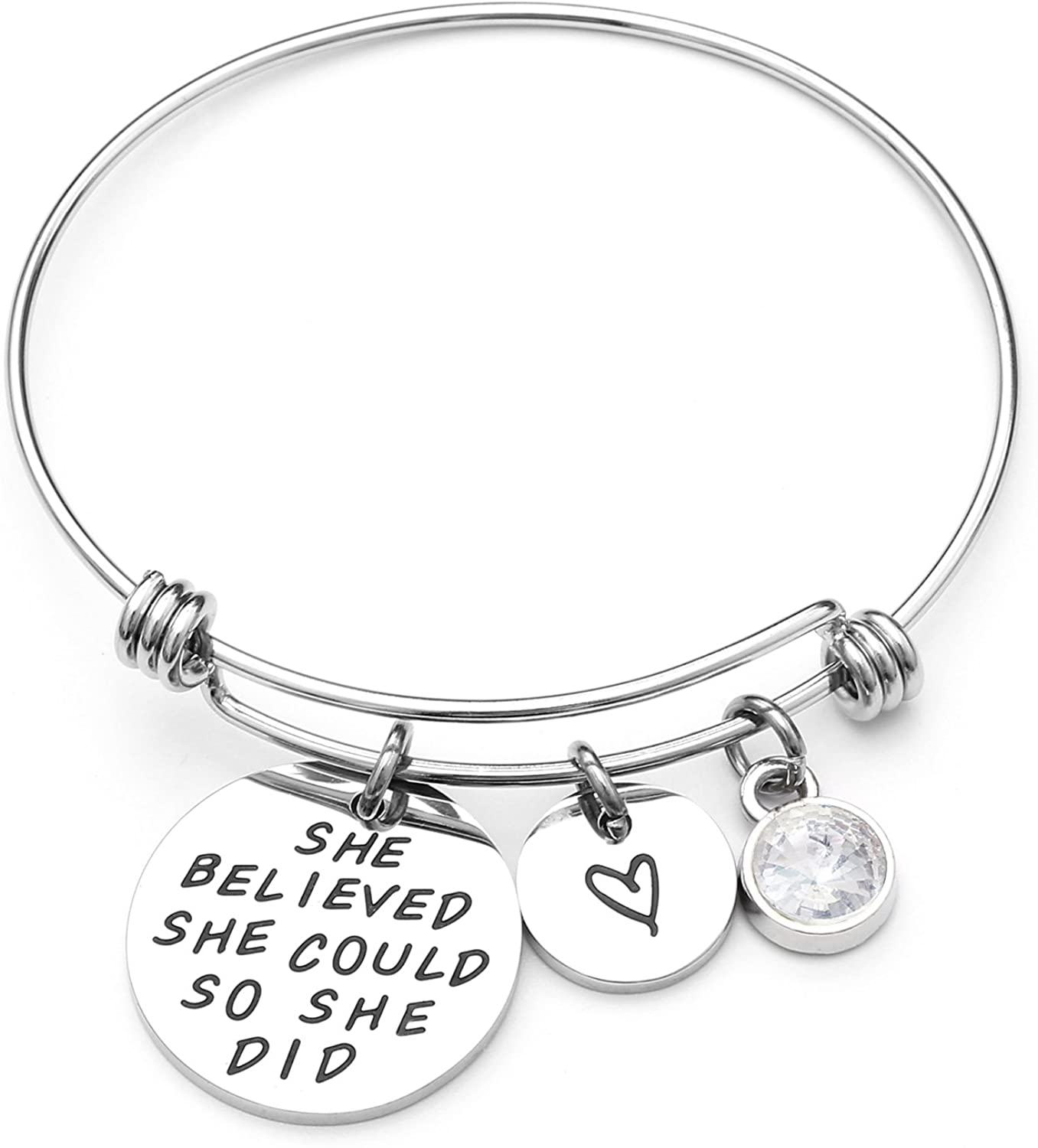 LIUANAN She Believed She Could so She Did Expandable Bangle Birthstone Charm Stainless Steel Cuff Bracelet