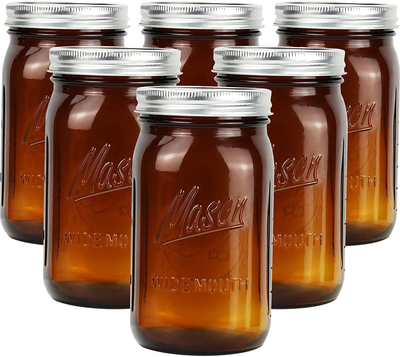 Bedoo Amber Glass Mason Jars 32 oz Wide Mouth with Airtight Lids and Bands 6 Pack, Amber Clear Glass Canning Mason Jars, Quart Mason Jars (Set of 6) (Wide Mouth)