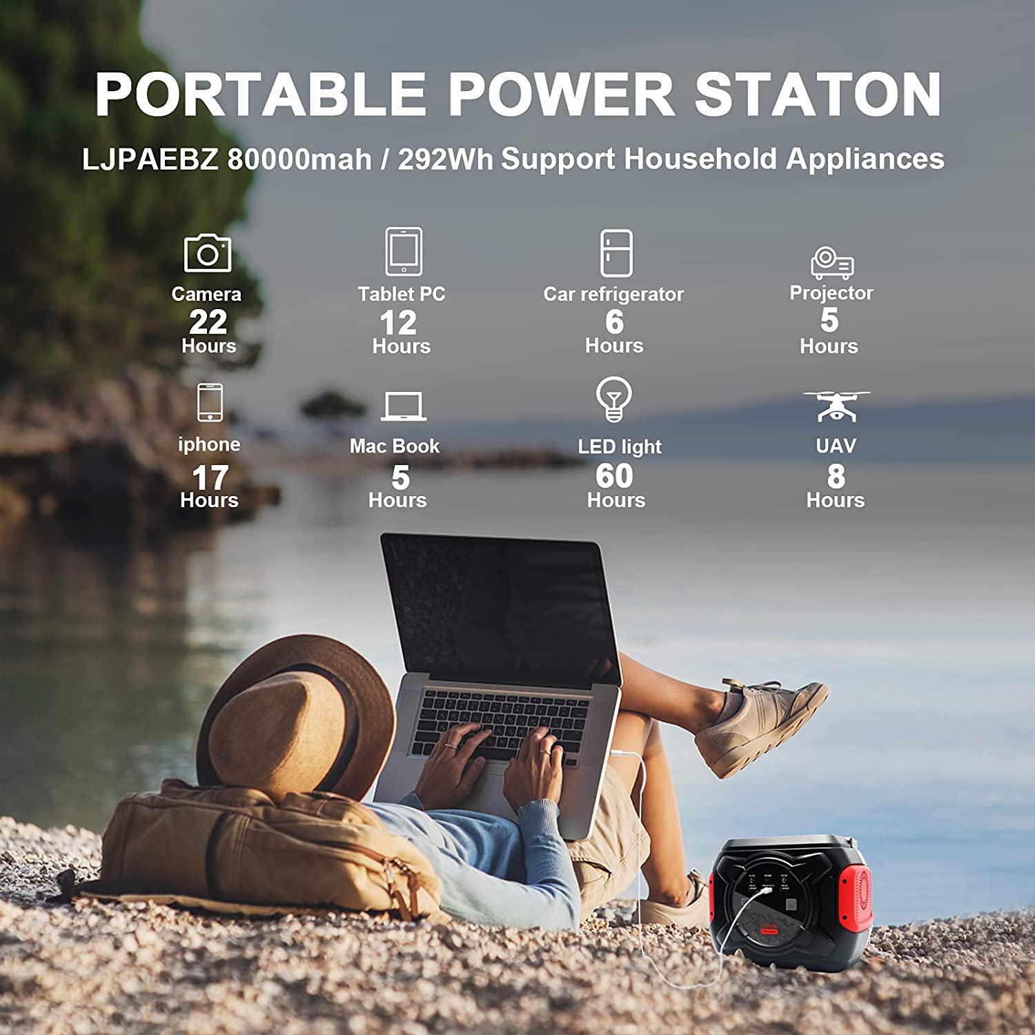 292Wh Portable Power Station, 80000mAh Camping Solar Generator Lithium Battery Power Supply 110V/300W Pure Sine Wave AC Outlet for Outdoors Travel Emergency (Solar Panel Not Included) (Black)