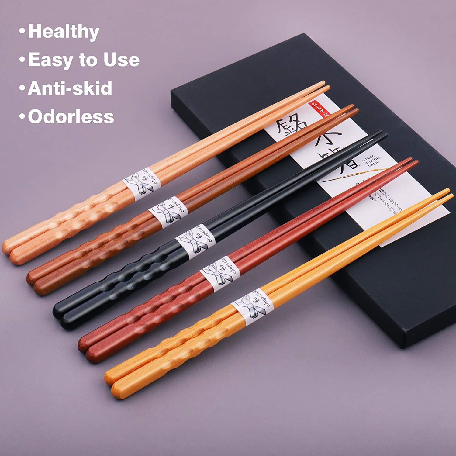 GLAMFIELDS Reusable Chopsticks Japanese Natural Wooden 5 Pairs Classic Style Lightweight Hand-Carved Safe Chop Sticks 8.8 Inch/22.5Cm Gift Set