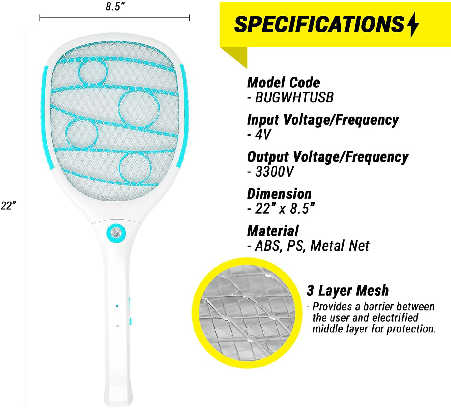 2PK of USB Rechargeable Electric Bug Zapper 3300V, Mosquito Killer Racket, Rechargeable Battery Powered Fly Swatter with LED Light for Flys, Bees, Mosquitoes and More (Blue)