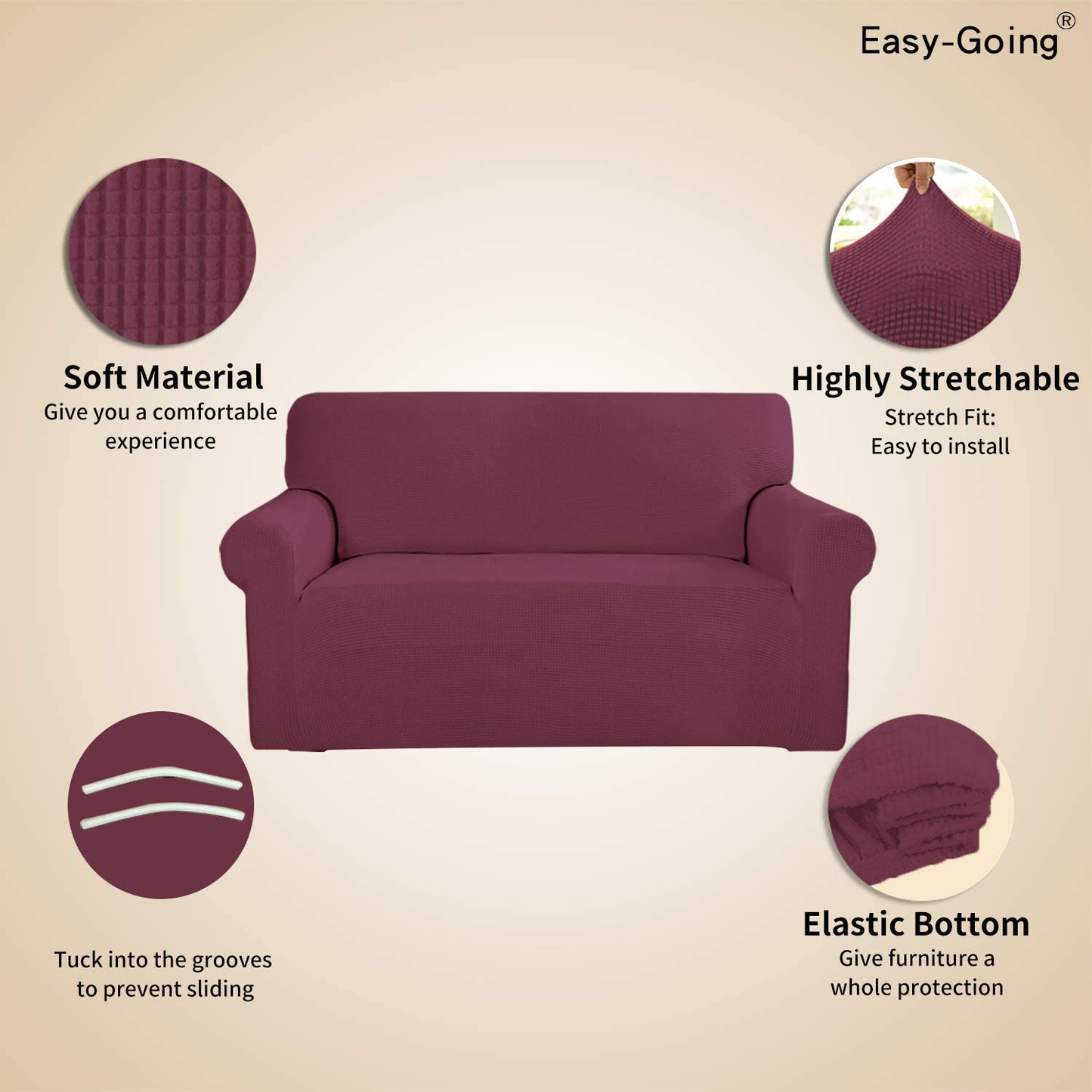 Easy-Going Stretch 4 Seater Sofa Slipcover 1-Piece Sofa Cover Furniture Protector Couch Soft with Elastic Bottom for Kids,Polyester Spandex Jacquard Fabric Small Checks (XX Large,Wine)