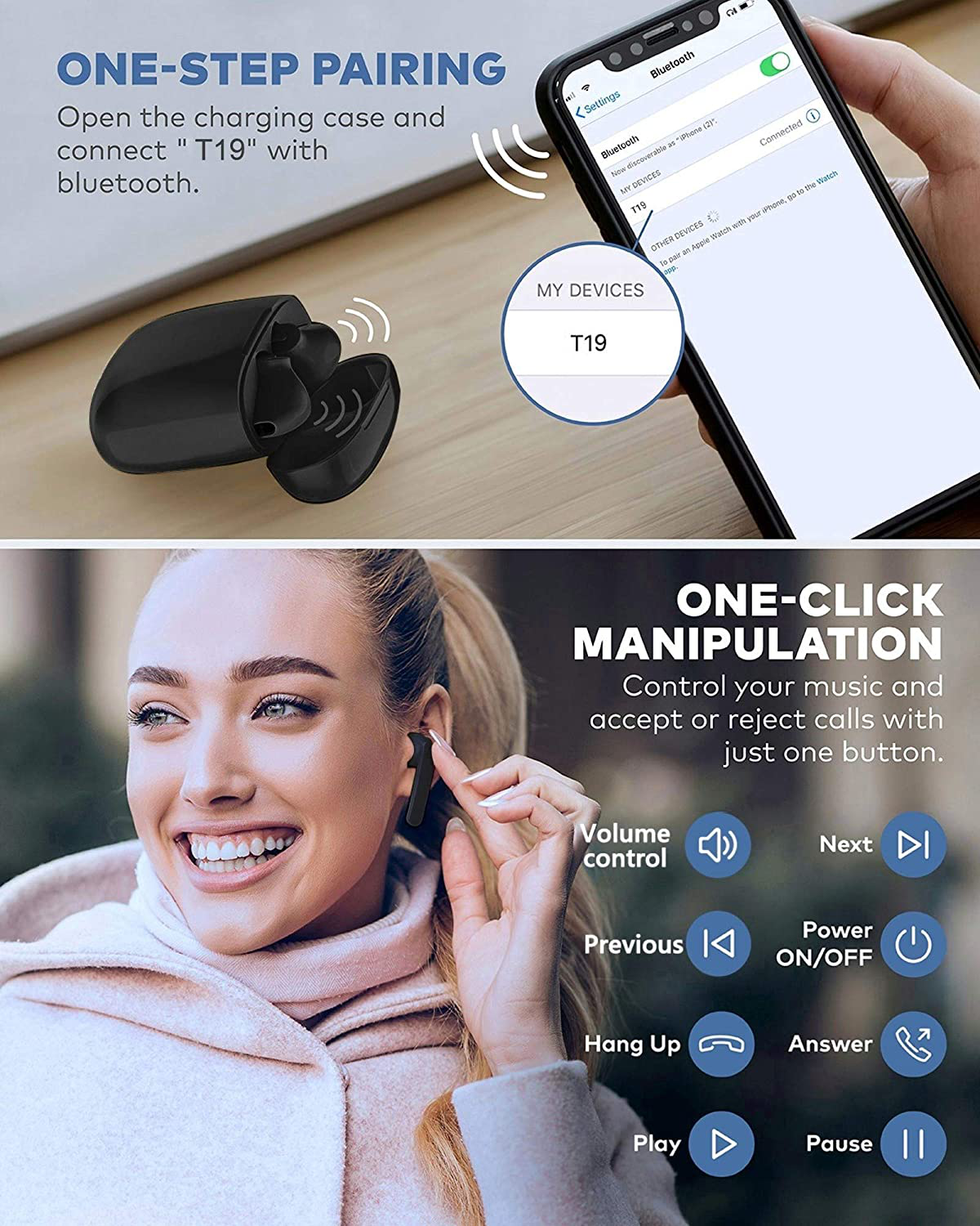 Hntmao IPX7 Waterproof Bluetooth Earbuds, True Wireless Earbuds, 30H Cyclic Playtime Headphones with Charging Case and mic