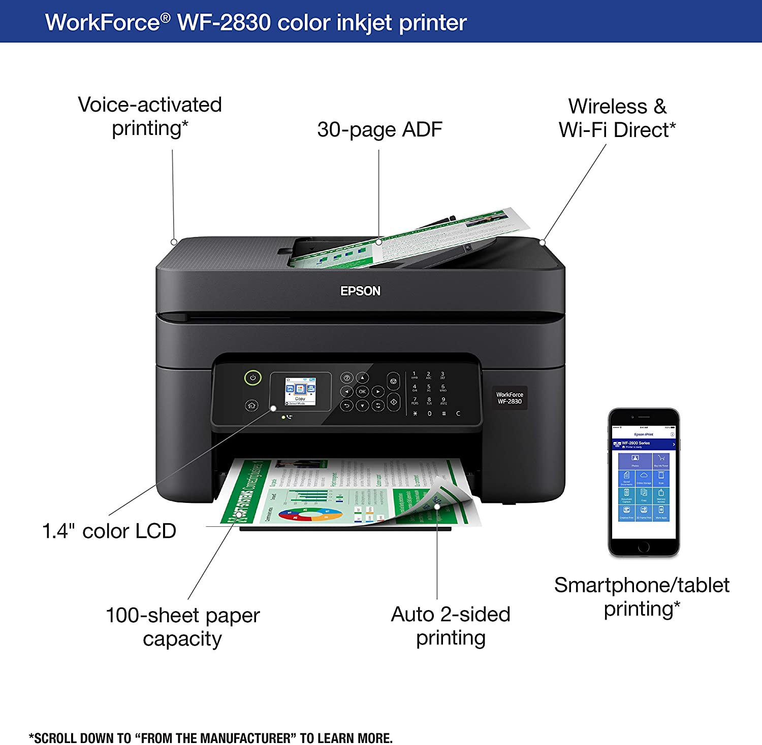 Epson Workforce WF-2830 All-In-One Wireless Color Printer with Scanner, Copier and Fax