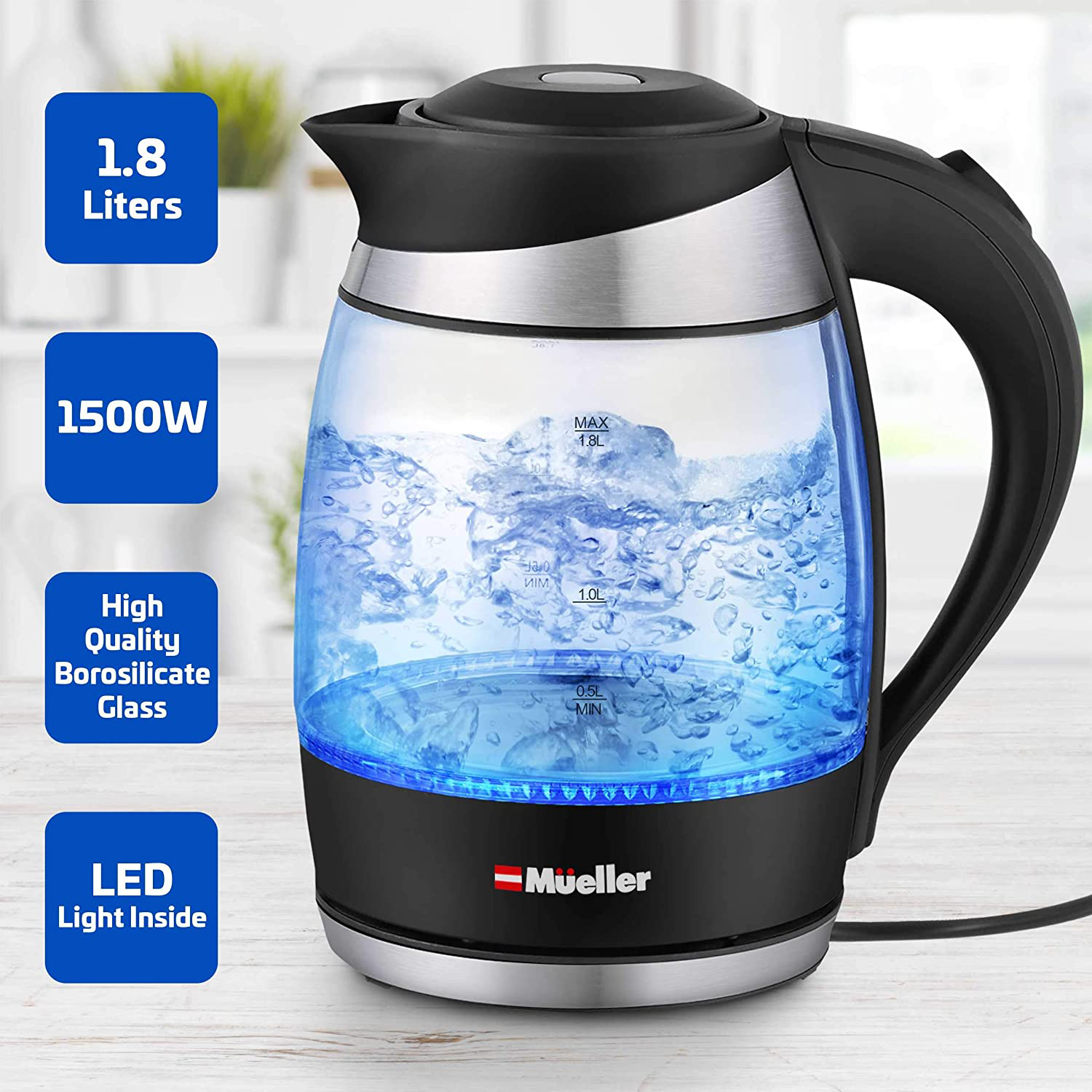 Mueller Ultra Kettle: Model No. M99S 1500W Electric Kettle with SpeedBoil Tech, 1.8 Liter Cordless with LED Light, Borosilicate Glass, Auto Shut-Off and Boil-Dry Protection