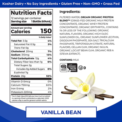 Orgain Organic 26G Grass Fed Whey Protein Shake, Vanilla Bean - Meal Replacement, Ready to Drink, Low Net Carbs, No Sugar Added, Gluten Free, Non-Gmo, 14 Fl Oz (Pack of 12) (Packaging May Vary)