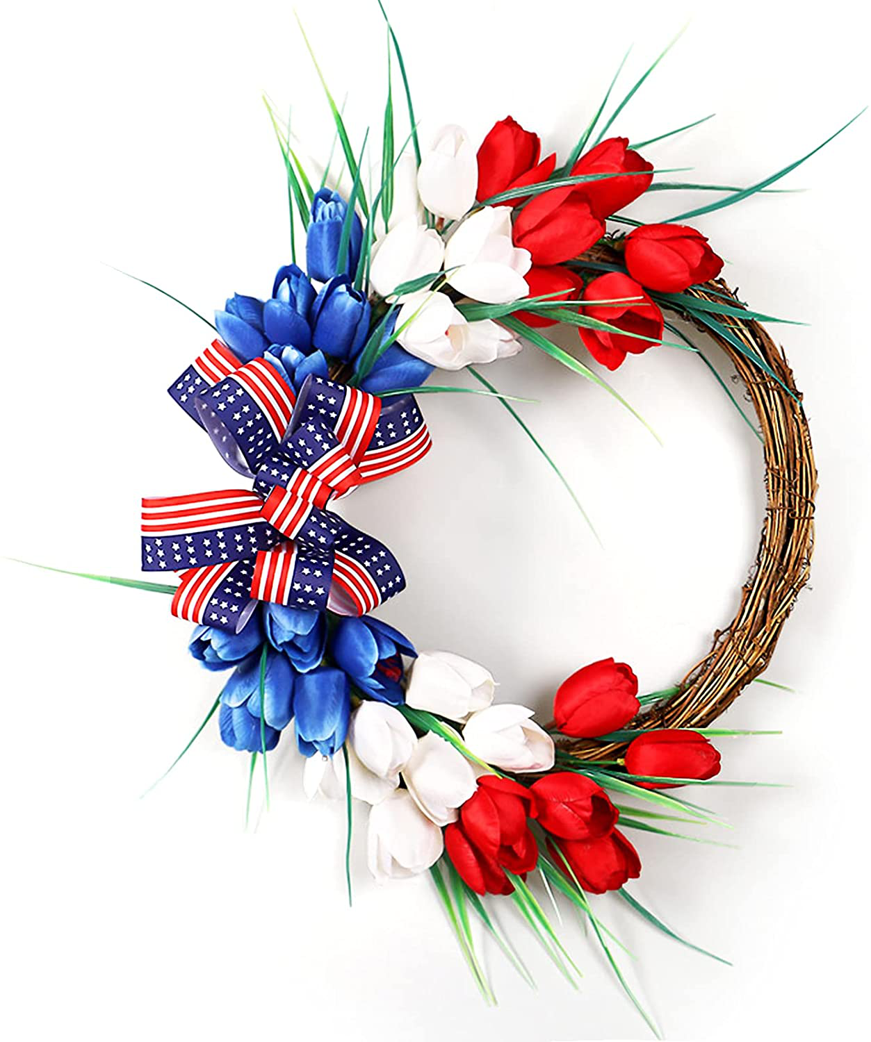 Souarts Independence Day Wreath, Front Door America Flag Patriotic Tulip Wreath for Indoor Outdoor, Home Office Wall Holiday Independence Day American Flag Wreath Decor