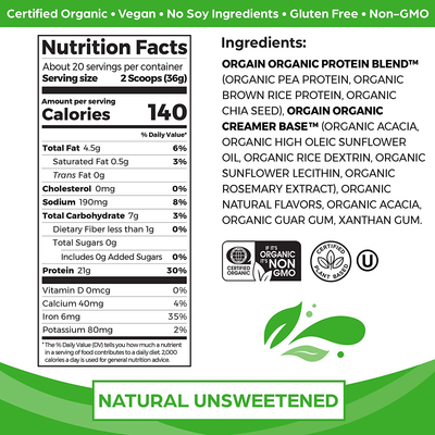 Orgain Organic Unflavored Plant Based Protein Powder, Natural Unsweetened - Vegan, Non Dairy, Gluten Free, No Sugar Added, Soy Free, Non-GMO, 1.59 lb (Packaging May Vary)