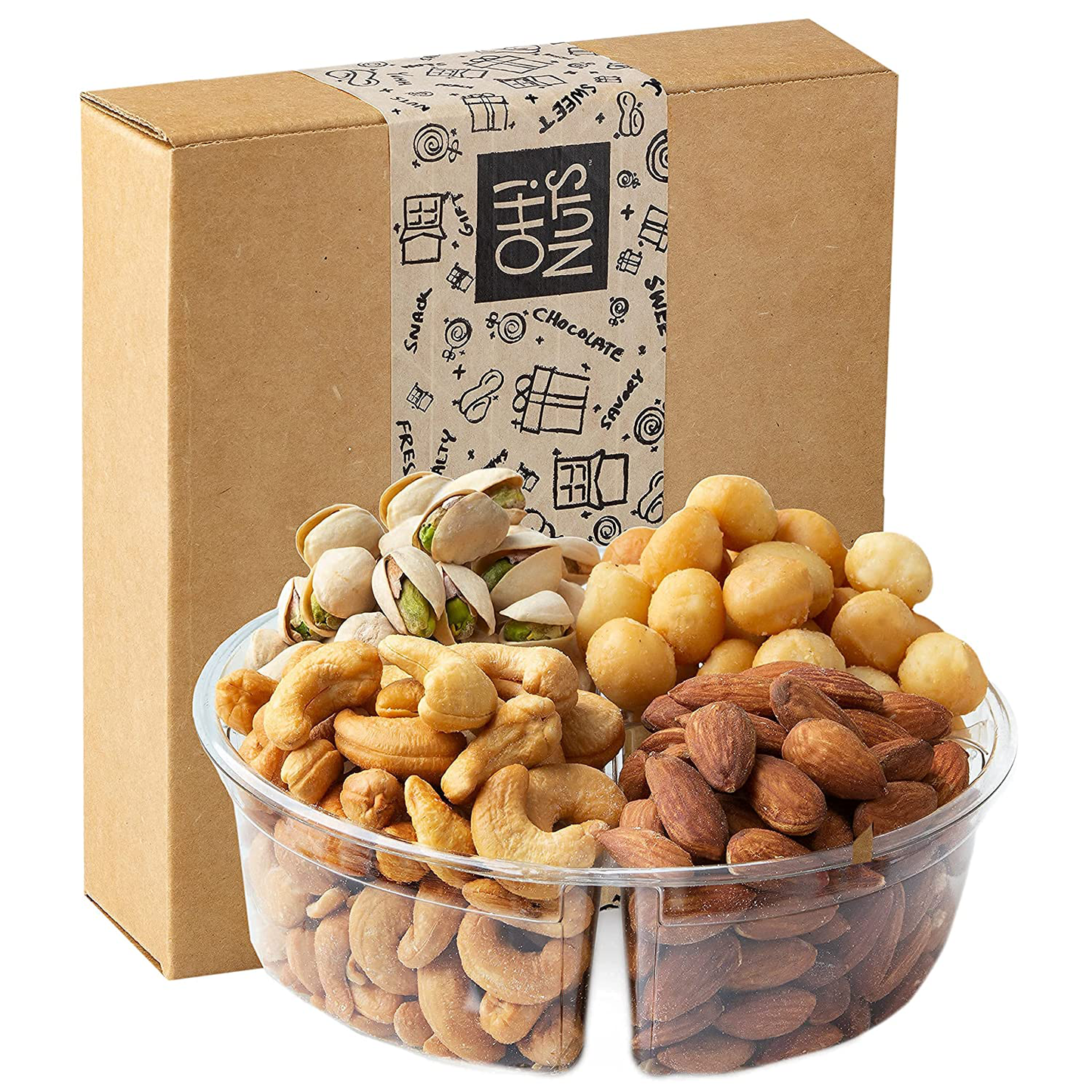 Oh! Nuts Gourmet Nut Gift Baskets, Freshly Roasted Party Tray, Prime Basket Gift Idea for Hanukkah, Thanksgiving, Christmas, Valentines Day, Men & Woman Birthday, Sympathy -4 Section Nut Gift Basket