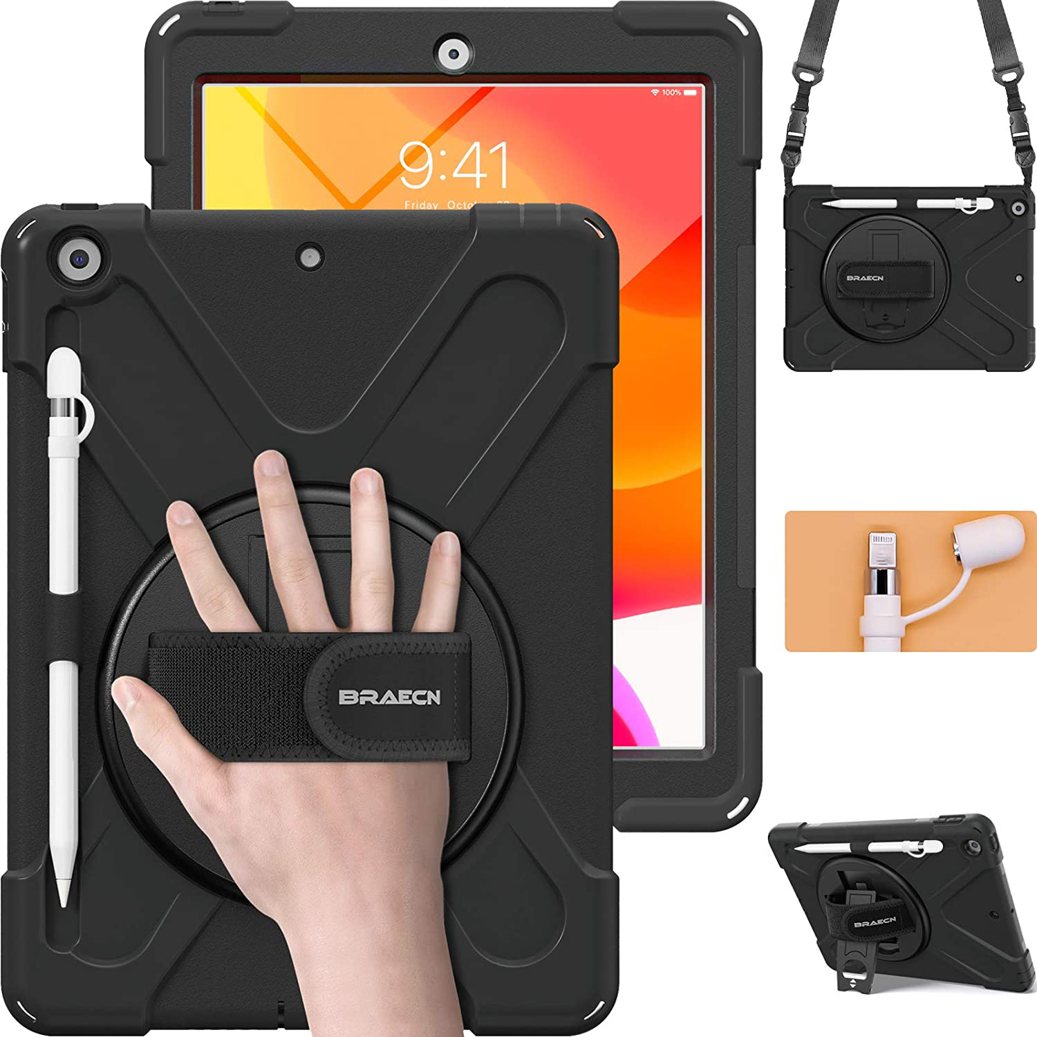 BRAECN iPad Case 8th Generation 10.2 Inch, Heavy Duty Kids Case with Pencil Holder Screen Protector Pencil Cap Holder Hand Strap Carrying Strap Kickstand for iPad 8th 7th Gen