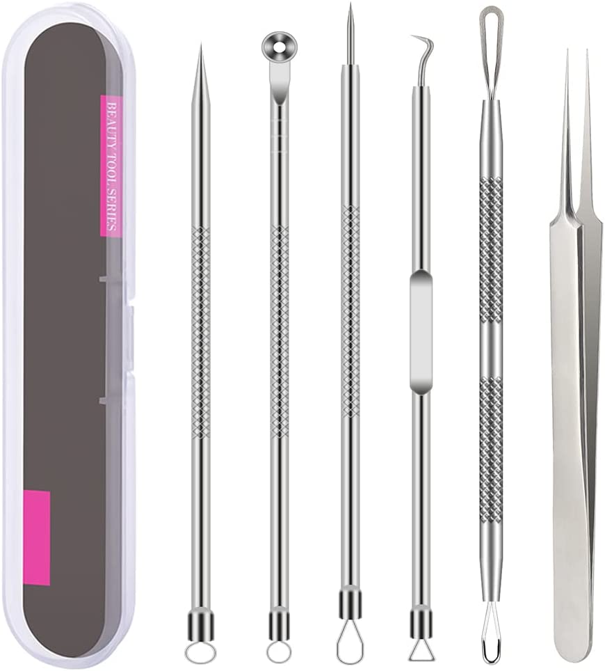 Pimple Popper Tool Kit , 6 Pcs Blackhead Remover Acne Needle Tools Set Removing Treatment Comedone Whitehead Popping Zit for Nose Face Skin Blemish Extractor Tool - Black