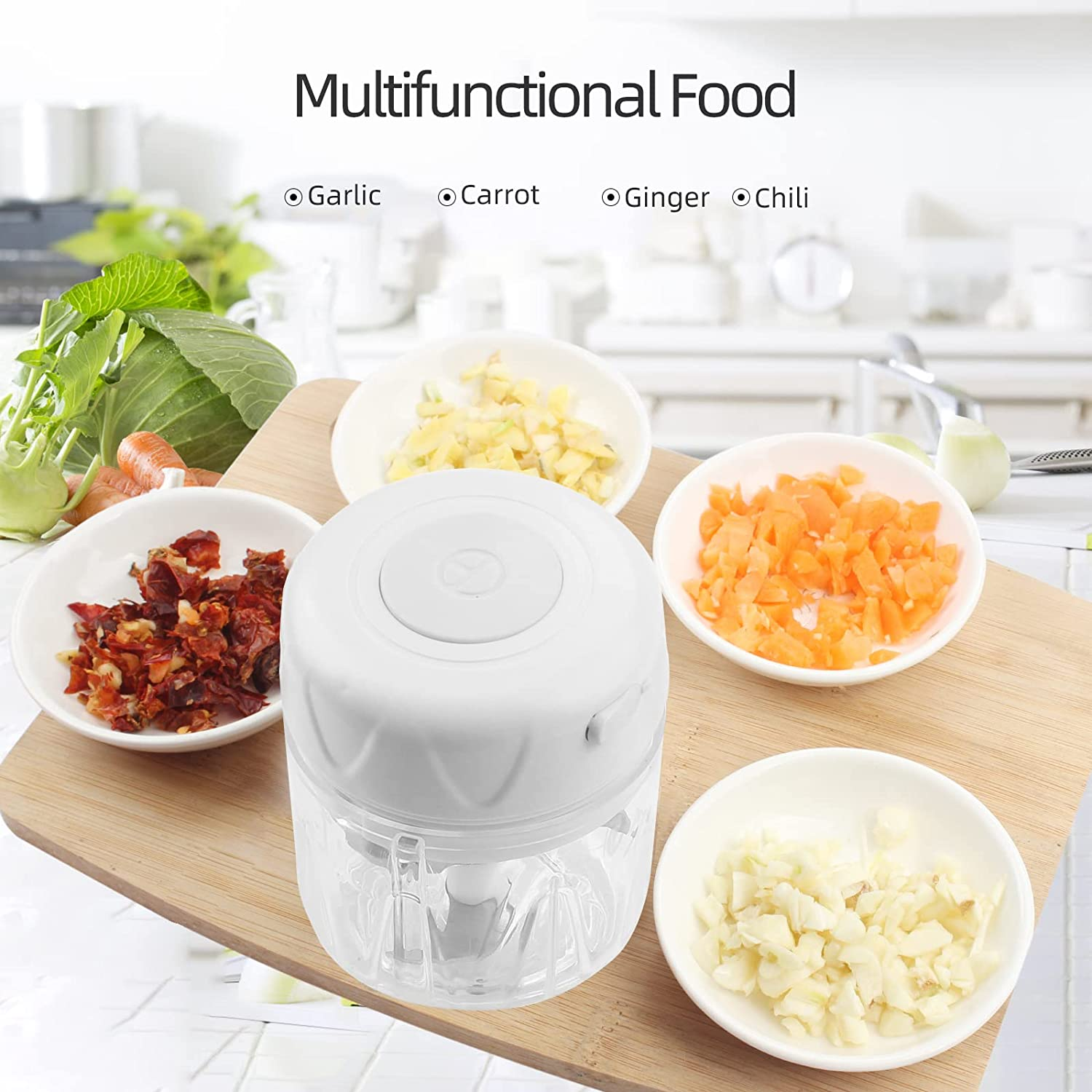 Electric Mini Garlic Chopper, 250Ml Wireless USB Recharge Waterproof Food Chopper Processor Portable Small Vegetable Mincer Blender Masher Crusher for Spice, Baby Food, Onion, Ginger (White)