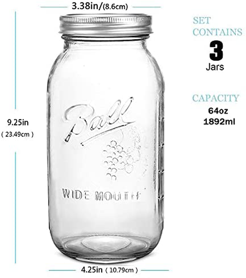 Wide Mouth Mason Jars 64 oz 3 Pack Half Gallon Mason Jars with Airtight Lid and Band, Large Clear Glass Mason Jars for Canning, Fermenting, Pickling, Storing