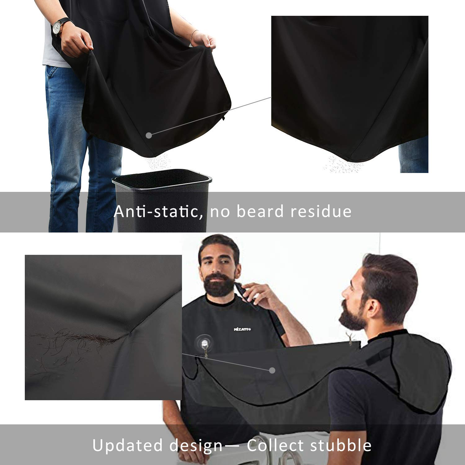 Beard Apron Shaving Hair Catcher - Beard Bib Shaving Catcher for Men, Beard Cape with Suction Cups for Shaping and Trimming, One Size Fits All - Static & Stick Free Fabric, Waterproof, Black