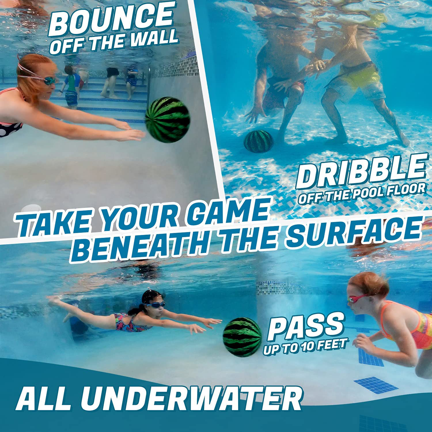 Watermelon Ball – The Ultimate Swimming Pool Game | Pool Ball for Under Water Passing, Dribbling, Diving and Pool Games for Teens, Kids, or Adults | 9 in. Ball Fills with Water