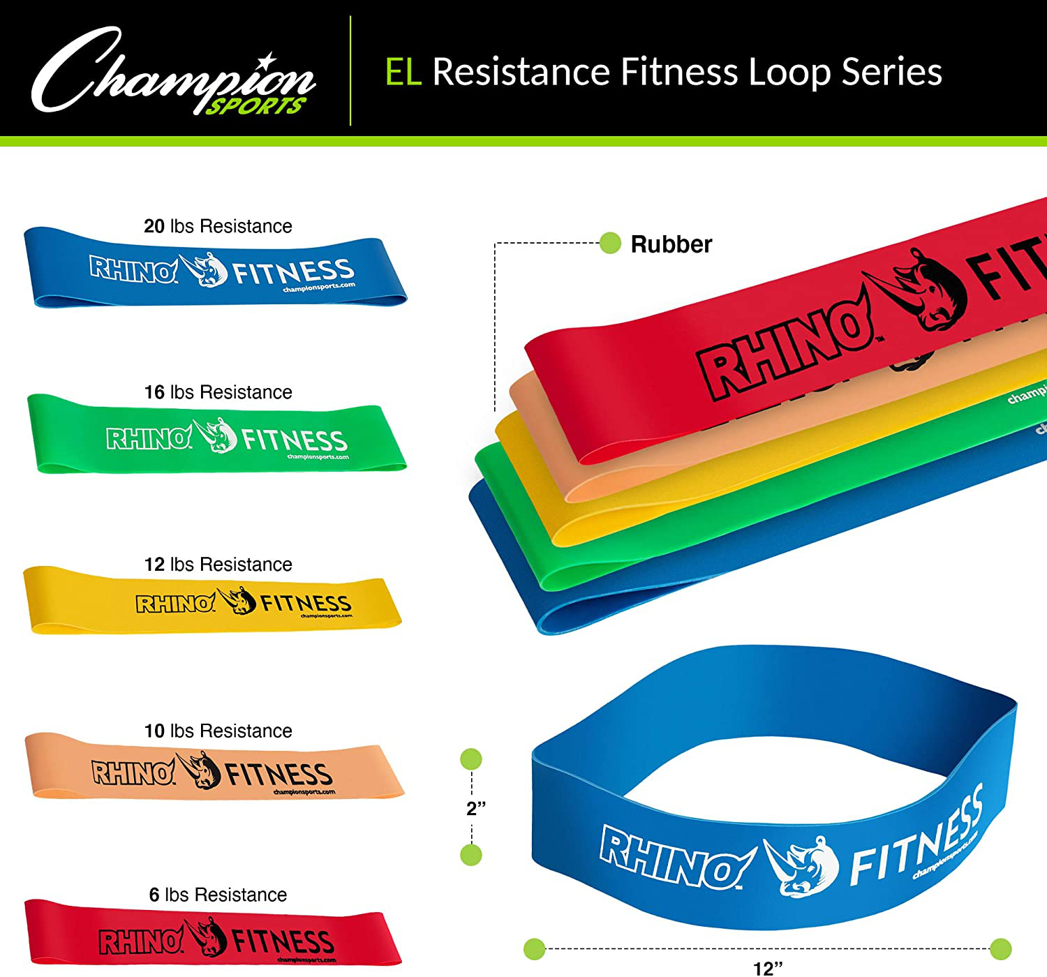 Champion Sports Stretch Loop Bands for Men and Women, Light to Heavy Resistance - Durable Fitness Band for Strength Training, Stretching, Rehabilitation