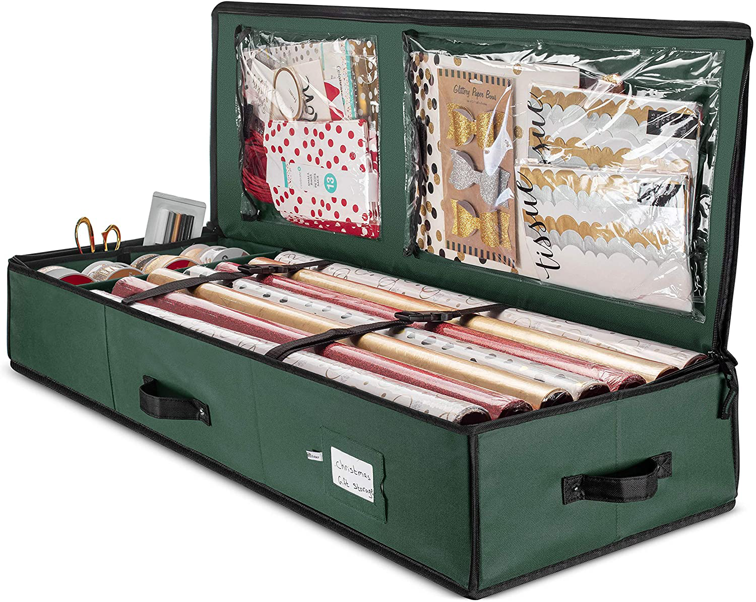 ZOBER Premium Wrap Organizer, Interior Pockets, Fits 18-24 Standers Rolls, Underbed Storage, Wrapping Paper Storage Box and Holiday Accessories, 40” Long - Tear-Proof Fabric - 5-Year Warranty