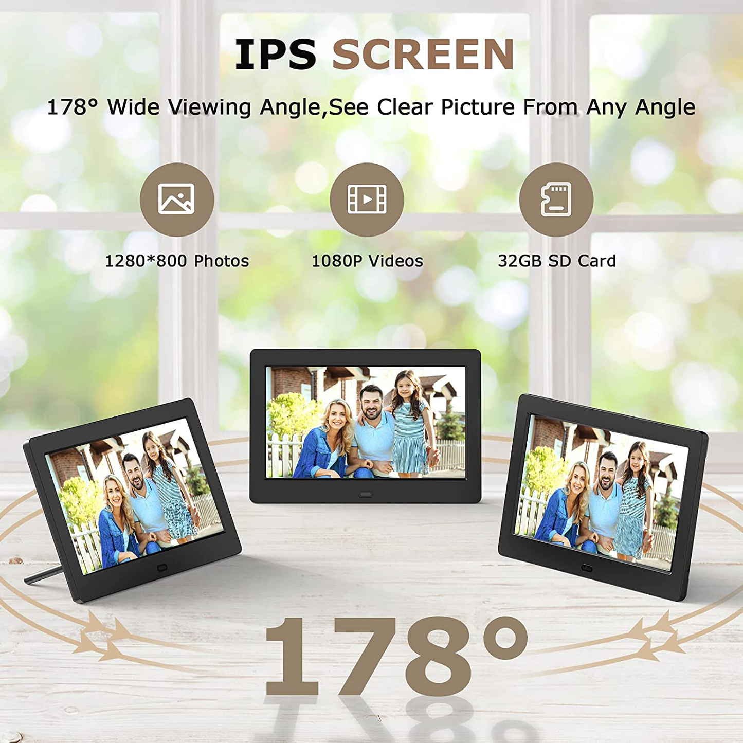 Digital Picture Frames 7 Inch IPS Screen Digital Photo Frame with Remote Control 16:9 Electronic Photo Albums 1080P Video Music 1280X800 Photo Slideshow Calendar 32GB SD Card