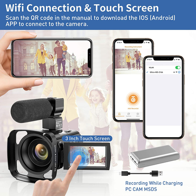 Video Camera 4K Camcorder Ultra HD 48MP WiFi IR Night Vision Vlogging Camera 3" IPS Touch Screen 16X Digital Zoom Digital YouTube Camera Recorder with Microphone,Stabilizer,Hood,Remote