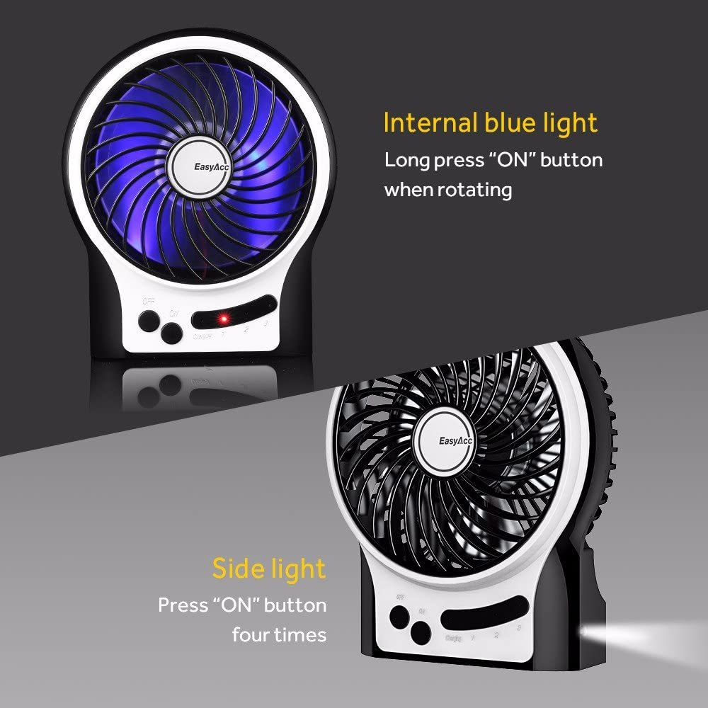 Small USB Desk Fan, Easyacc 3 Speed Portable Rechargeable Battery Fan with Blue LED Mood Light, Personal Quiet Table Fan 4.9 Inch Cooling Fan for Home, Office, Outdoor, Travel, Camping