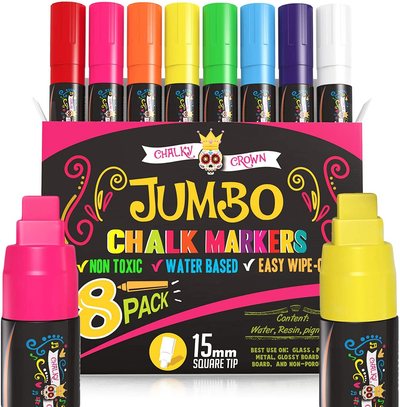 Jumbo Liquid Chalk Markers - Bold Chalk Markers for Chalkboards, Window Markers, Chalk Pens for Signs, Blackboard, Glass - Square Reversible Tip - 24 Chalkboard Labels Included (15Mm, 8 Pack)