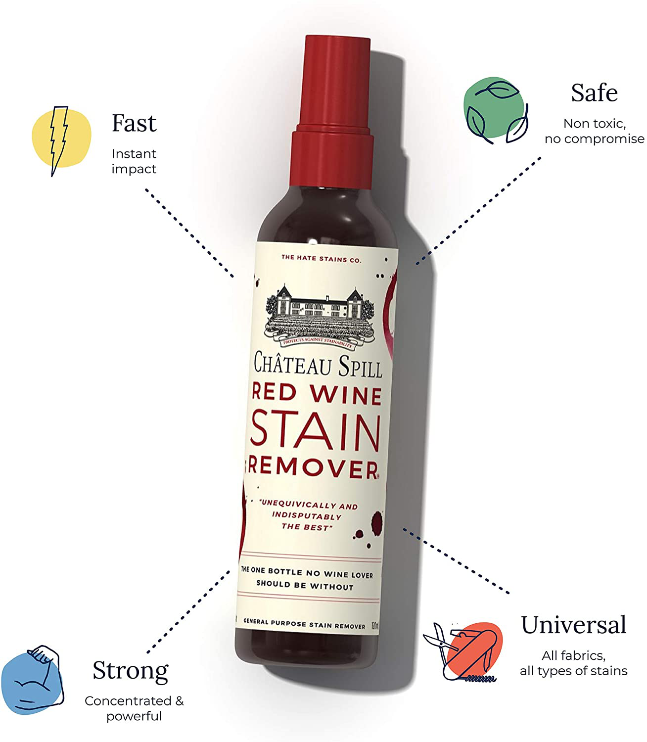 Chateau Spill Red Wine Stain Remover – Super Concentrated and Safe Spray Cleaner for New and Set-In Wine Stains on Carpet, Rugs, Clothing Upholstery and Laundry (120Ml, 4 Oz Spray Bottle)