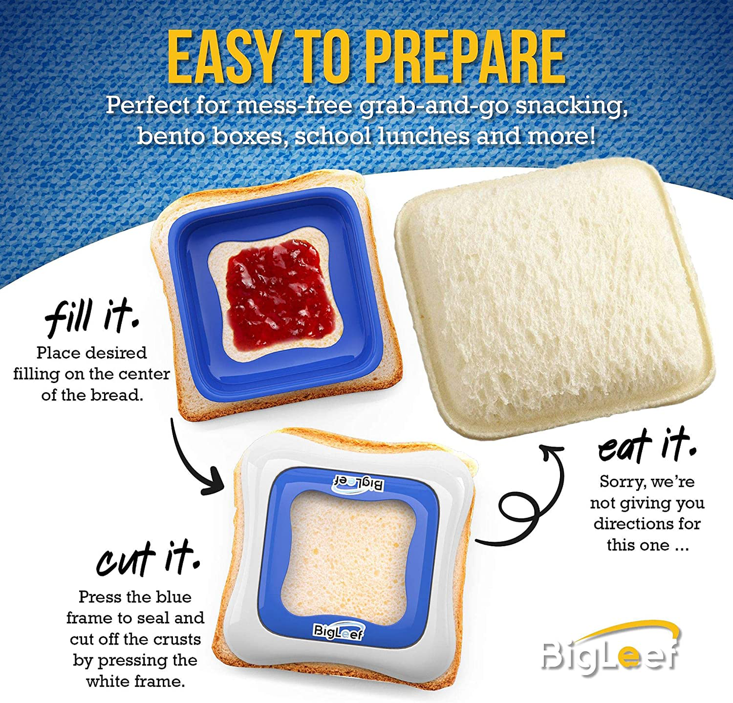 Sandwich Cutter, Sealer and Decruster for Kids - Remove Bread Crust, Make DIY Pocket Sandwiches - Non Toxic, BPA Free, Food Grade Mold - Durable, Portable, Easy to Use and Dishwasher Safe by BigLeef
