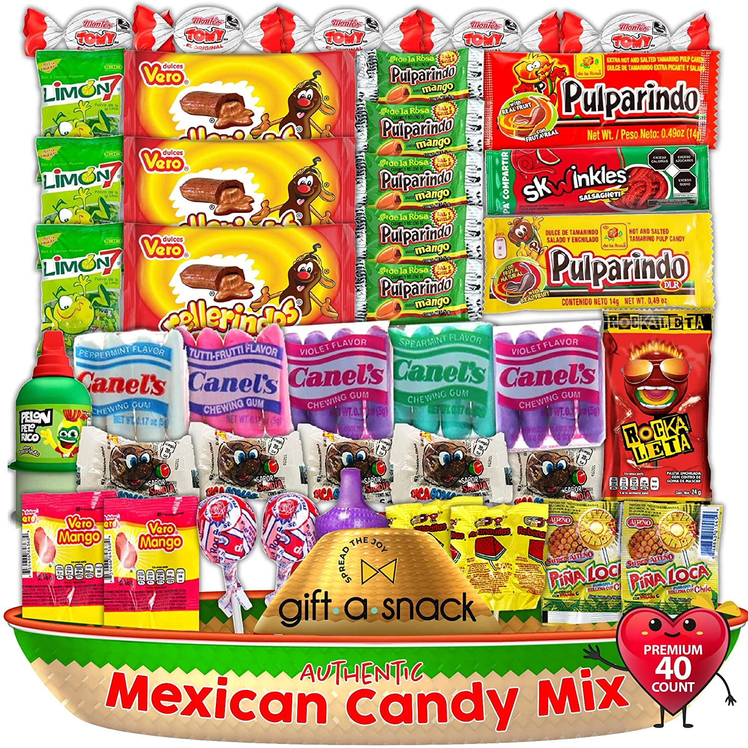 Mexican Candy Mix Dulces Mexicanos, Snack Food Gift Box Variety Pack (40 Count) Bulk Assortment of Spicy Sweet & Sour Mexicano Candies, Rockaleta Lollipop Luca Pelon Pulparindo Rellerindo, Prime