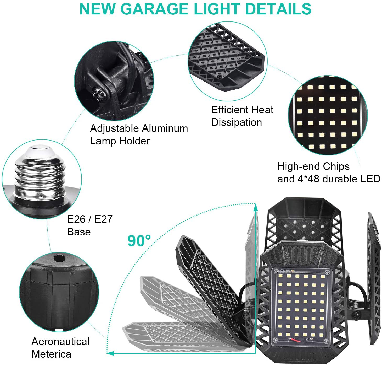 2 Pack LED Garage Lights, 80W Deformable LED Garage Ceiling Lights with 4 Adjustable Panels, 8000LM E26 LED Shop Lights for Garage, Basement, Barn, High Bay Light (Black, 2PACK)